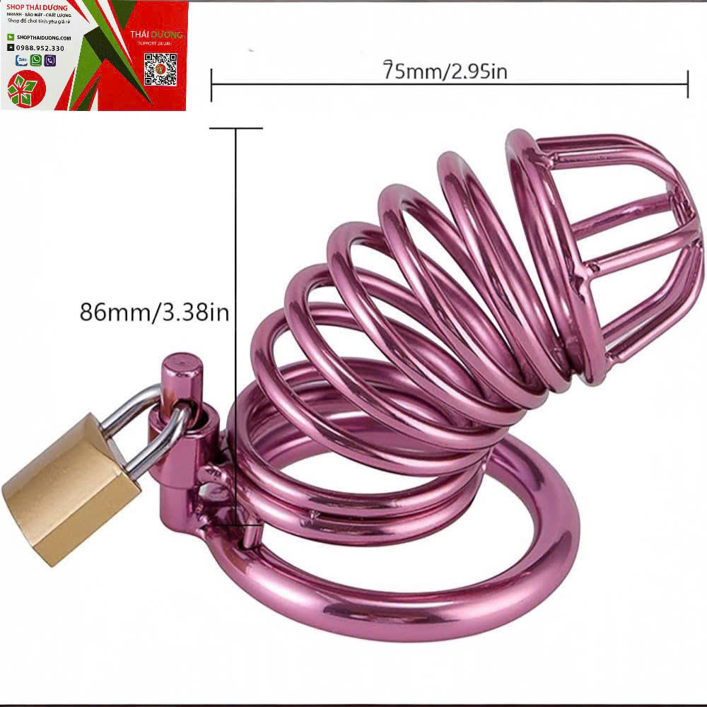Lồng Khóa Dương Vật Thép Không Gỉ Màu Hồng (Kèm 3 Cỡ Vòng)